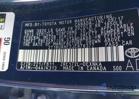 2018 Toyota Corolla Le from USA, damaged, VIN 2T1BURHE2JC978377
